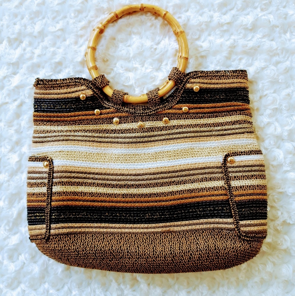 Bamboo handled raffia/straw vintage purse